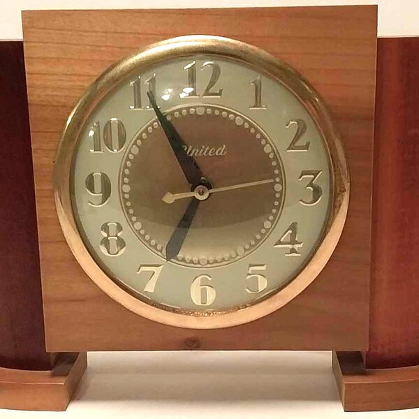 Mid Century Art Deco Wood Mantle Shelf Electric Clock by United Clock Corp 1950's