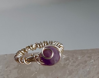 Handmade Amethyst wire wrapped Crystal ring, silver ring , size 5 and 1/2, gemstone ring, birthstone rings, natural stone