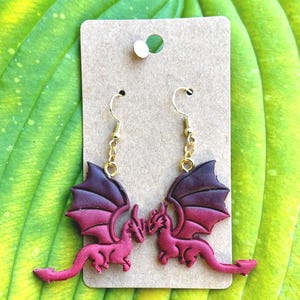 Black & Red Dragon Dangle Earrings: Polymer Clay, Gold Plated Hooks