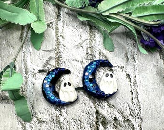 Ghost Moon Earrings | Handmade Polymer Clay Halloween Dangle Jewelry