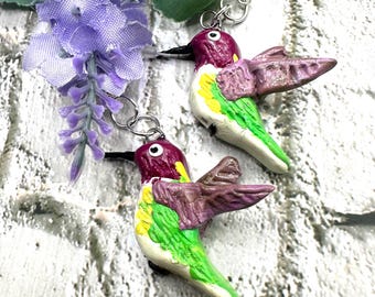 Handmade Polymer Clay Hummingbird Earrings | Whimsical Nature Bird Jewelry