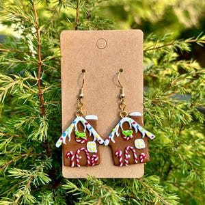 Gingerbread House Dangle Earrings: Polymer Clay, Holiday Charm