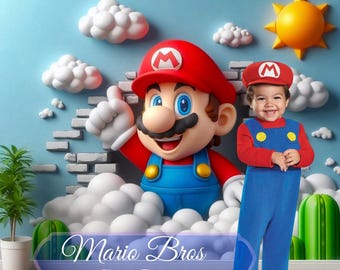 Mario Bros Digitaler Hintergrund Sitting Up First Birthday Boy Composite Hintergrund Sale, digitaler Hintergrund, Overlays