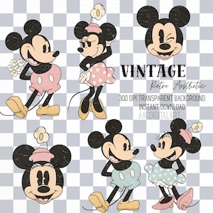 K&ouml;nnte beinhalten: Vintage-Stil digitale Kunst mit Mickey und Minnie Mouse in verschiedenen Posen. Mickey tr&auml;gt hellblaue oder rosa Shorts, w&auml;hrend Minnie rosa gepunktete R&ouml;cke tr&auml;gt. Der Text "VINTAGE Retro Aesthetic" ist enthalten.
