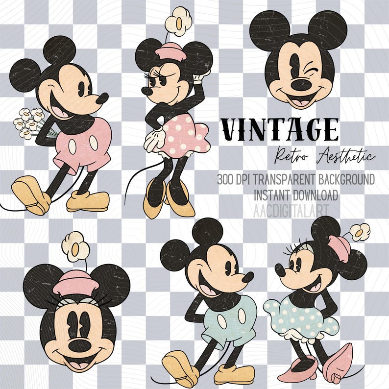 K&ouml;nnte beinhalten: Vintage-Stil digitale Kunst mit Mickey und Minnie Mouse in verschiedenen Posen. Mickey tr&auml;gt hellblaue oder rosa Shorts, w&auml;hrend Minnie rosa gepunktete R&ouml;cke tr&auml;gt. Der Text "VINTAGE Retro Aesthetic" ist enthalten.
