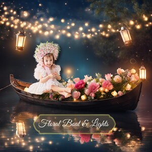 Puede incluir: Una niña pequeña con una corona de flores se sienta en un bote de madera lleno de flores rosas y blancas. El bote está decorado con luces de cadena y linternas, creando una escena mágica y caprichosa.