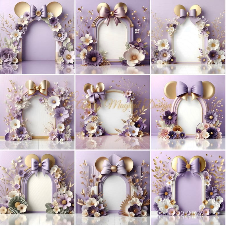 K&ouml;nnte beinhalten: Eine Sammlung von neun dekorativen Rahmen mit Mickey Mouse Ohren, verziert mit floralen Arrangements in Lila, Wei&szlig; und Gold. Jeder Rahmen bietet eine leere Fl&auml;che zur individuellen Gestaltung, ideal f&uuml;r Themenveranstaltungen oder personalisierte Geschenke.