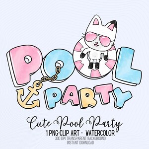 Puede incluir: Una ilustración digital con el texto POOL PARTY en letras de acuarela rosa pastel, azul y amarillo. Un gato blanco con gafas de sol rosas flota en un flotador a rayas rosas y blancas, conectado a un ancla amarilla mediante una cadena.