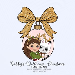 Może przedstawiać: Projekt ozdoby świątecznej z Gabby z Gabby's Dollhouse i postacią kota. Ozdoba ma złotą brokatową kokardę i różowe tło. Tekst "Gabby's Dollhouse - Christmas" znajduje się na dole. Obraz jest grafiką PNG.