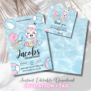 Puede incluir: Un conjunto de invitaciones y tarjetas de agradecimiento para una fiesta en la piscina de color azul claro. La invitación presenta un gato de dibujos animados con gafas de sol, un flotador y el texto "Pool Party" y "5º Cumpleaños de Jacob".