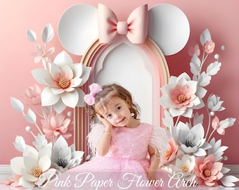 Pinker Minnie Mouse Floral Digitaler Hintergrund, digitaler Hintergrund für Kinderfotos, Minnie Mouse Smash Cake Hintergrund, Photoshop-Overlays