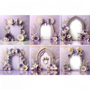 K&ouml;nnte beinhalten: Sechs digitale Kunstkompositionen mit Blumenarrangements und dekorativen Rahmen in Lila, Gold und Wei&szlig;. Jeder Rahmen hat ein Mickey Mouse Ohren-Design und den Text "Ashley Magical Design".