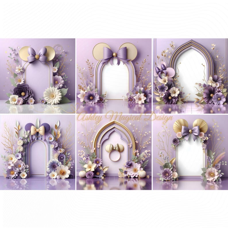 K&ouml;nnte beinhalten: Sechs digitale Kunstkompositionen mit Blumenarrangements und dekorativen Rahmen in Lila, Gold und Wei&szlig;. Jeder Rahmen hat ein Mickey Mouse Ohren-Design und den Text "Ashley Magical Design".