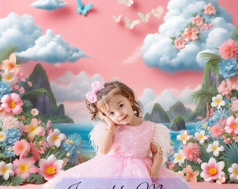 Inspiriert von Moana Digital Backdrop, Sitzendes Prinzessinnen-Hintergrundbild für den ersten Geburtstag eines Mädchens, digitaler Hintergrund, Smash Cake, floral