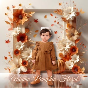 Puede incluir: Una niña pequeña con un vestido marrón y una diadema blanca se encuentra frente a un fondo de flores de papel en tonos naranja, blanco y marrón. El texto "Autumn-Pumpkin-Floral" está en la parte inferior de la imagen.