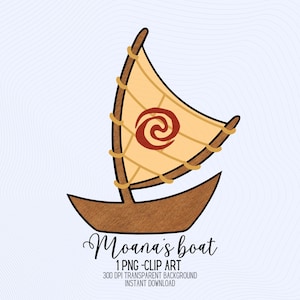 Puede incluir: Ilustración de dibujos animados de un pequeño barco con una vela. La vela es de color beige con un diseño de espiral rojo. El barco es marrón con el texto "Moana's boat" debajo. La imagen también incluye el texto "1 PNG - CLIP ART" y otros detalles.