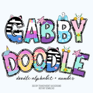 Könnte beinhalten: Ein farbenfrohes Doodle-Alphabet- und Zahlen-Set mit den Wörtern "GABBY DOODLE" in einer verspielten Schriftart. Die Buchstaben sind mit verschiedenen Mustern verziert, darunter Streifen, Katzenohren und florale Akzente. Der Text "doodle alphabet + number" ist ebenfalls enthalten.