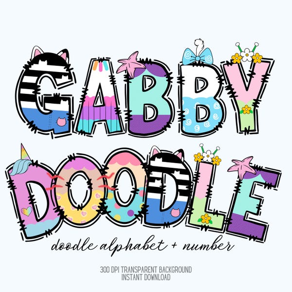 Gabby Dollhouse Doodle Alphabet | Cute Gabby Cat Alphabet PNG | Gabby Clipart Letters | Gabby Birthday Font | Instant Download | Gabby PNG