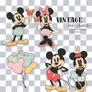 K&ouml;nnte beinhalten: Vintage-Digital-Art mit Mickey und Minnie Mouse in verschiedenen Posen. Mickey wird mit Eis, Luftballons und in einer klassischen Pose gezeigt. Minnie wird mit Eis und in einer klassischen Pose gezeigt. Der Hintergrund ist ein Schachbrettmuster.