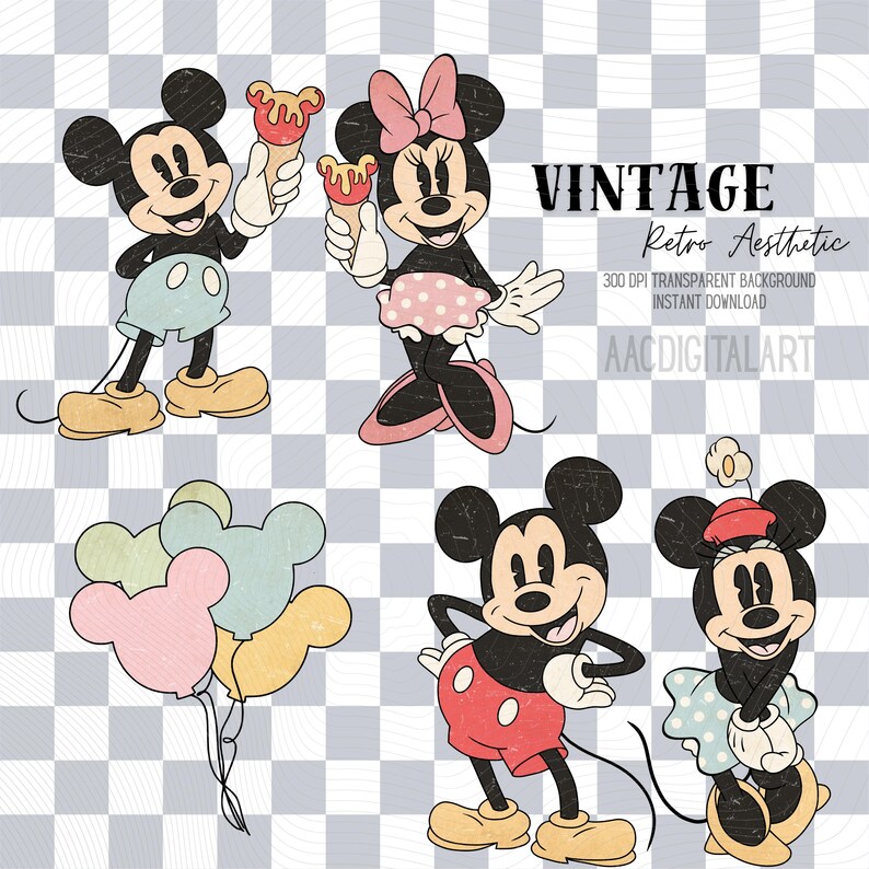 K&ouml;nnte beinhalten: Vintage-Digital-Art mit Mickey und Minnie Mouse in verschiedenen Posen. Mickey wird mit Eis, Luftballons und in einer klassischen Pose gezeigt. Minnie wird mit Eis und in einer klassischen Pose gezeigt. Der Hintergrund ist ein Schachbrettmuster.