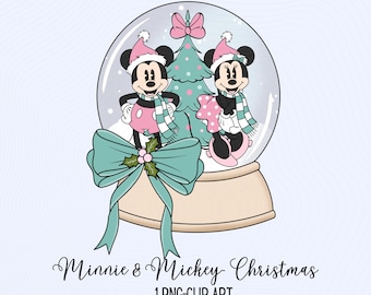 Retro-Weihnachts-Cliparts mit Mickey und Minnie | Rosa-mintfarbene Schneekugel (PNG) | Vintage-Weihnachtsillustrationen | Klassische Minnie und Mickey (PNG) | Feiertage