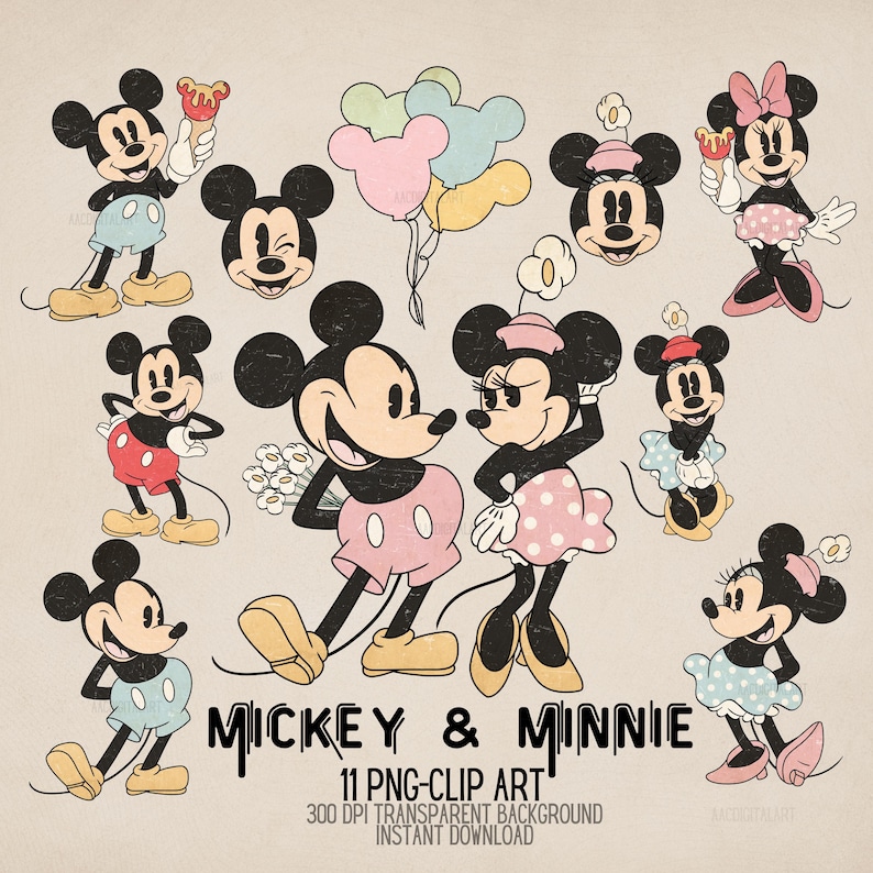 K&ouml;nnte beinhalten: Eine Sammlung von Clip-Art-Bildern von Mickey Mouse und Minnie Mouse im Vintage-Stil. Die Illustrationen zeigen die ikonischen Charaktere in verschiedenen Posen, einige halten Luftballons, Blumen und Leckereien. Der Text "MICKEY & MINNIE" ist darunter abgebildet.