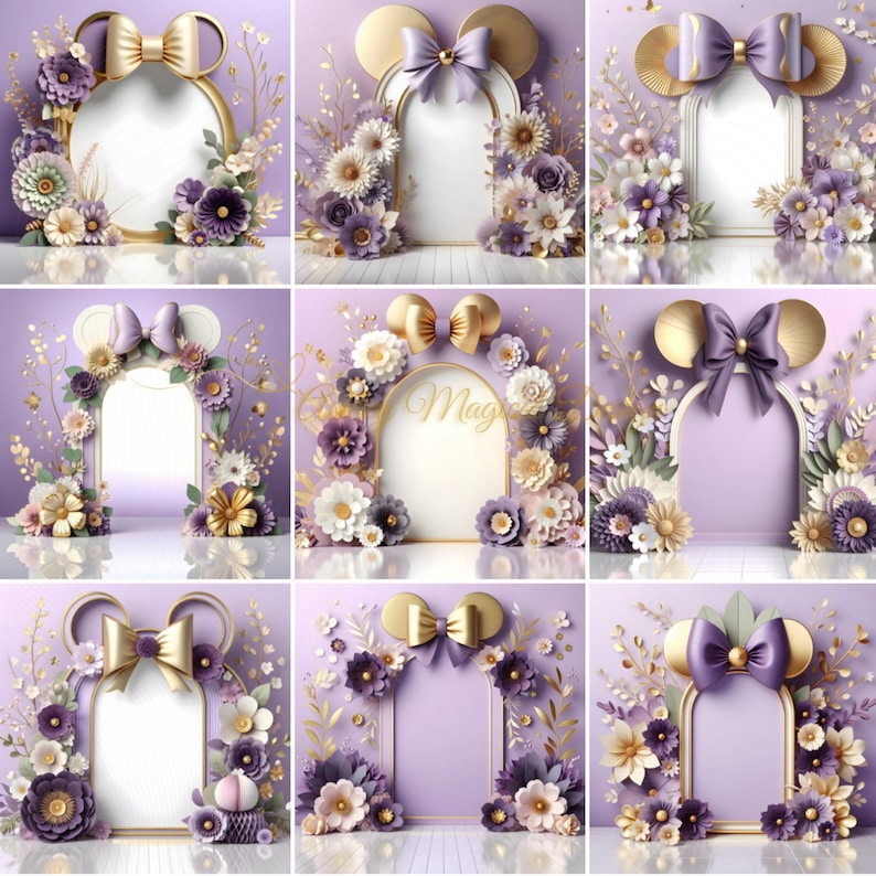 K&ouml;nnte beinhalten: Neun dekorative Rahmen mit einem Mickey Mouse Ohren-Design, jeweils mit einer Schleife und umgeben von Blumenarrangements. Die Rahmen sind in Gold-, Lila- und Wei&szlig;t&ouml;nen gehalten, vor einem lavendelfarbenen Hintergrund. Einige Rahmen tragen das Wort "Magic" in goldener Schrift.