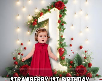 Erdbeere 1. Geburtstag Kulisse, Bearbeitbarer Mädchen Geburtstagshintergrund Rot, Beere Erster Geburtstag Party Dekor, Digitaler Hintergrund für Smash Cake