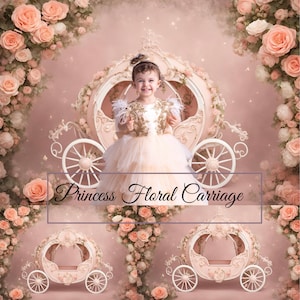 Puede incluir: Una niña con un vestido color crema sonríe frente a un carruaje de princesa. El carruaje está decorado con flores y tiene una combinación de colores crema y dorado. Se muestra el texto "Princess Floral Carriage".