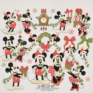Puede incluir: Una colección de imágenes prediseñadas de Mickey y Minnie Mouse de estilo vintage con atuendo navideño. Los personajes visten gorros de Papá Noel, bufandas rojas y verdes y sostienen regalos. También se incluyen un reloj, una corona y copos de nieve. El texto dice "22 PNG-CLIP ART".