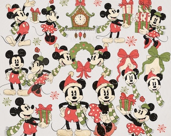 Vintage Weihnachten Mickey & Minnie Clipart | 22 PNG Retro Disney Stil | Urlaub digitaler Download | Retro Minnie und Mickey | Retro-Ästhetik