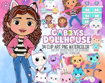 Gabby&#39;s Dollhouse Clipart PNG Bundle | 34 Cute Watercolor PNGs | Digital Download for Kids Crafts | Gabby Dollhouse PNG | Gabby watercolor
