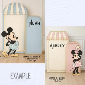 K&ouml;nnte beinhalten: Holzausschnitte mit den Charakteren Mickey und Minnie Mouse. Ein Ausschnitt hat eine blau-wei&szlig; gestreifte Markise und den Namen "NOAH". Ein anderer hat eine rosa-wei&szlig; gestreifte Markise und den Namen "ASHLEY". Der Text "MINNIE & MICKEY 11 PNG-CLIPART 300 DPI" und "EXAMPLE" ist ebenfalls enthalten.