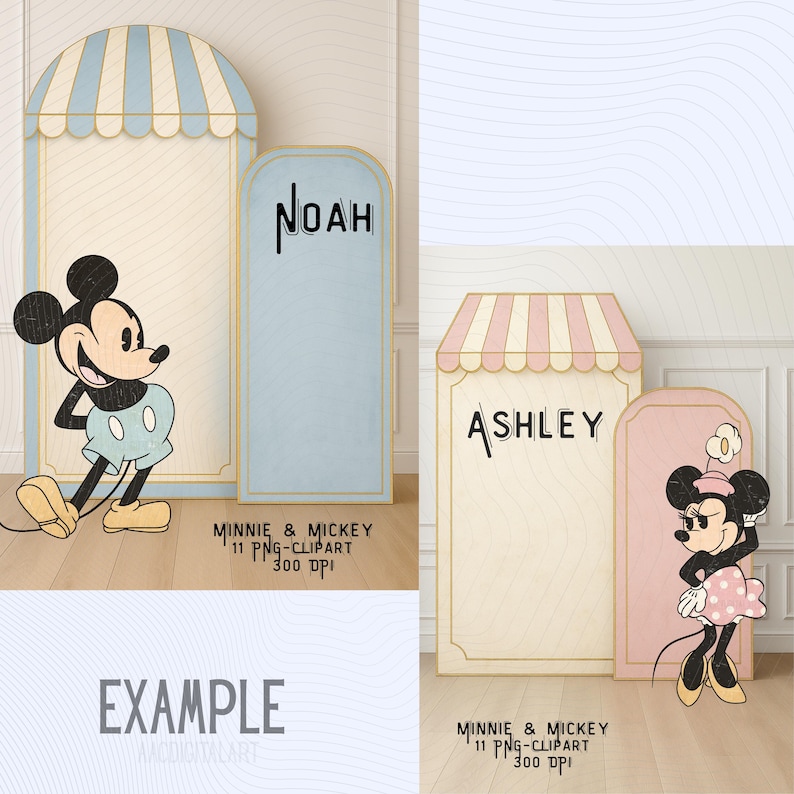 K&ouml;nnte beinhalten: Holzausschnitte mit den Charakteren Mickey und Minnie Mouse. Ein Ausschnitt hat eine blau-wei&szlig; gestreifte Markise und den Namen "NOAH". Ein anderer hat eine rosa-wei&szlig; gestreifte Markise und den Namen "ASHLEY". Der Text "MINNIE & MICKEY 11 PNG-CLIPART 300 DPI" und "EXAMPLE" ist ebenfalls enthalten.