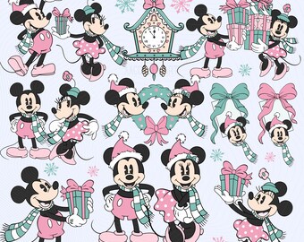 Retro Weihnachten Mickey und Minnie Clipart | 22 PNG Digital Download | Rosa und Mint Vintage Urlaub Illustrationen | Klassische Minnie und Mickey PNG