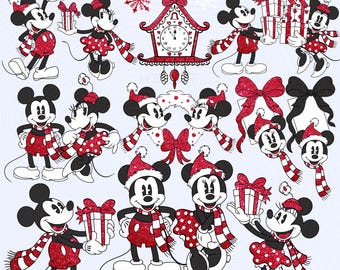 Mickey & Minnie Retro Weihnachtsglitzer | 22 PNG Vintage Clipart Rot | Transparenter Hintergrund 300 DPI | Klassischer Feiertags-Disney-Rotglitzer