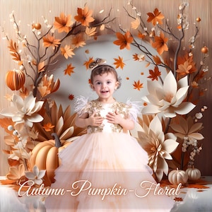 Fall Pumpkin and Flowers Fall Mini Children's Session, Digital Backdrop Overlays for Composite Photography, Fall Background