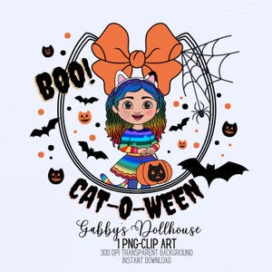 Puede incluir: Ilustración digital de una niña con disfraz de gato sosteniendo un cubo de calabaza. La imagen incluye el texto "BOO!" y "CAT-O-WEEN", con murciélagos, arañas y calabazas. La niña lleva un vestido arcoíris y un gran lazo naranja.