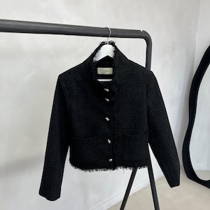 Black Tweed High-Neck Jacket – Timeless Elegance with a Modern Twist