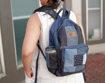 Upgecycelter Rucksack – Handgefertigte, nachhaltige Tasche mit wasserabweisendem Futter – Patchwork-Rucksack – Alltagsrucksack