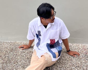 Upgecyceltes T-Shirt – Einzigartiges Patchwork – Handgefertigt, nachhaltig – Wiederverwertete Mode – Einzigartige Streetwear – Umweltfreundliche Kleidung