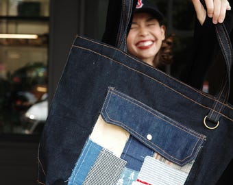 Upgecycelte Denim-Schultertasche – Patchwork-Denim-Tragetasche – Übergroße Markt- und Strandtasche – Handgefertigte Tragetasche aus Denim-Resten