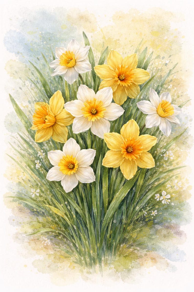 Watercolor Daffodil Art Print, Yellow Spring Flowers Illustration ...