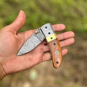 Personalized Groomsmen Pocket Knife, Damascus Foldable Knife, Handmade Wood Knife, Custom Pocket Knife, Engraved Anniversary Gift For Him