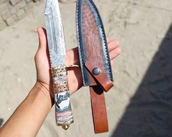 Handmade Damascus Kabar Bowie Knife with Leather Sheath |   Birthday Gift Groomsmen Gift Wedding Personalized Gifts for Men Gift for USA