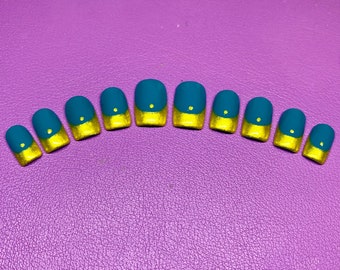 Turquoise & gold french tip nails