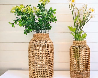 Glass Flower Vases with Rattan Cover | Flower Vase | Flower Bottle for Floral | Flower Bud Vase | Home Decor | Flower Vases with Cover