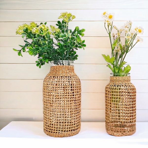 Vases à fleurs en verre avec couvercle en rotin | Vase à fleurs | Bouteille fleurie pour fleurs | Vase bouton floral | Décoration d'intérieur | Vases à fleurs avec couvercle