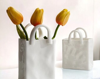 Nordic Portable Vase | Bag-Shaped Vase | White Ceramic Vase | Modern Vase | Home Decor | Living Room Decoration | Flower Pots