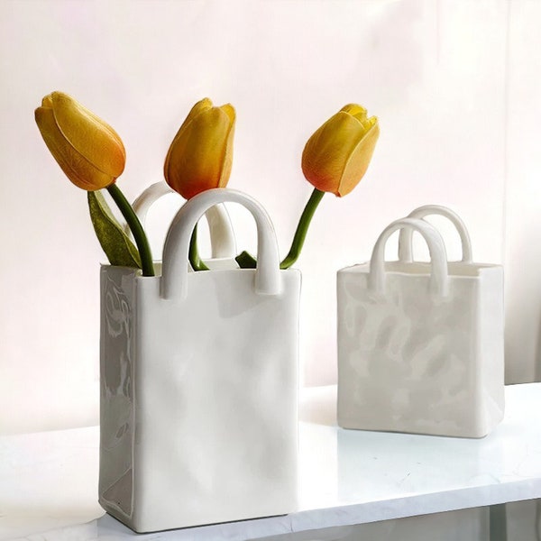 Vase portable nordique | Vase en forme de sac | Vase en céramique blanche | Vase moderne | Décoration d'intérieur | Décoration de salon | Pots de fleurs